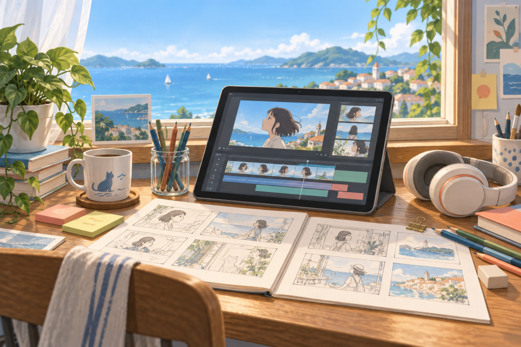 タブレットの動画編集画面と絵コンテが並ぶ制作机