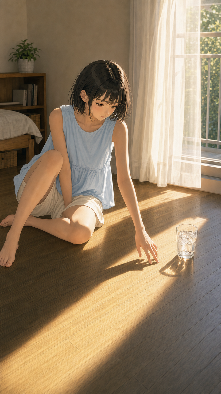 床に差す夕方の光をよけるMia｜Light Left Behind
