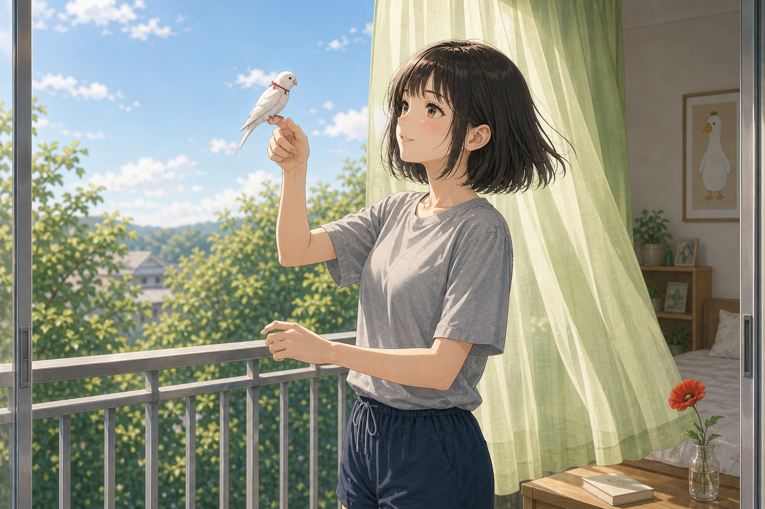ベランダでピーちゃんと過ごすMiaのイラスト